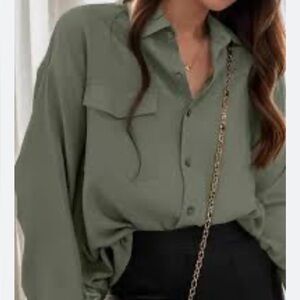 JOANNA ROLL TAB LONG SLEEVES BUTTON DOWN BLOUSE TOP OLIVE GREEN SIZE L